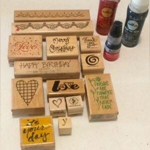 14 Wood Mounted Rubber Stamps and Ink Set w/ popular expressions EUC